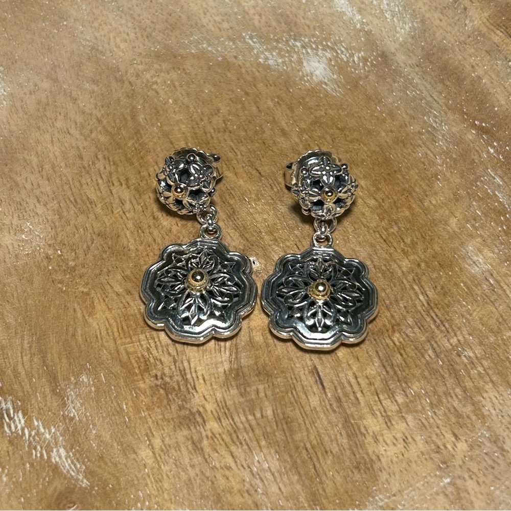 Konstantino 925 Sterling Silver & 18K Gold Floral Filigree Drop Dangle Earrings